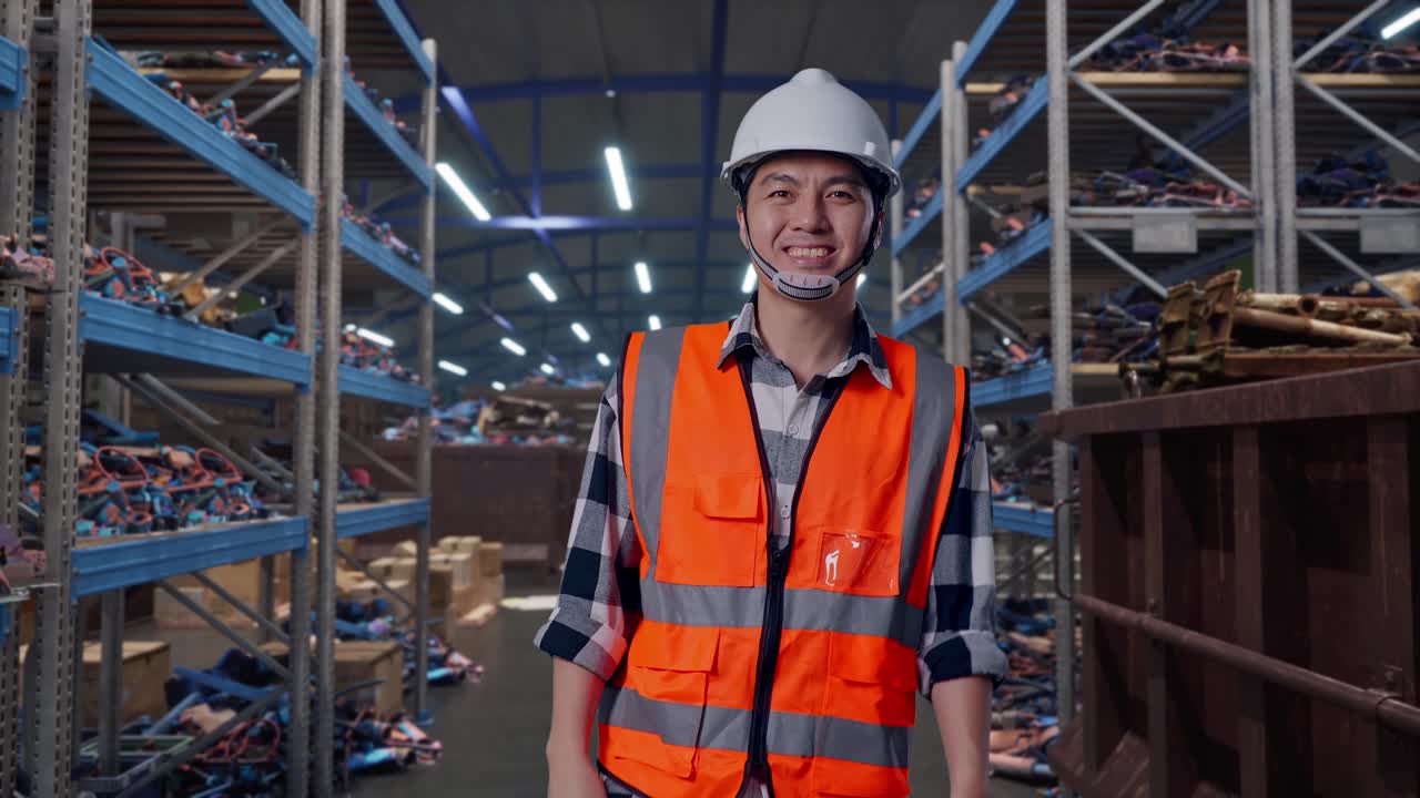 Vista frontale di un ingegnere asiatico che saluta con la mano mentre cammina in un magazzino industriale di rottami metallici e riciclaggio.