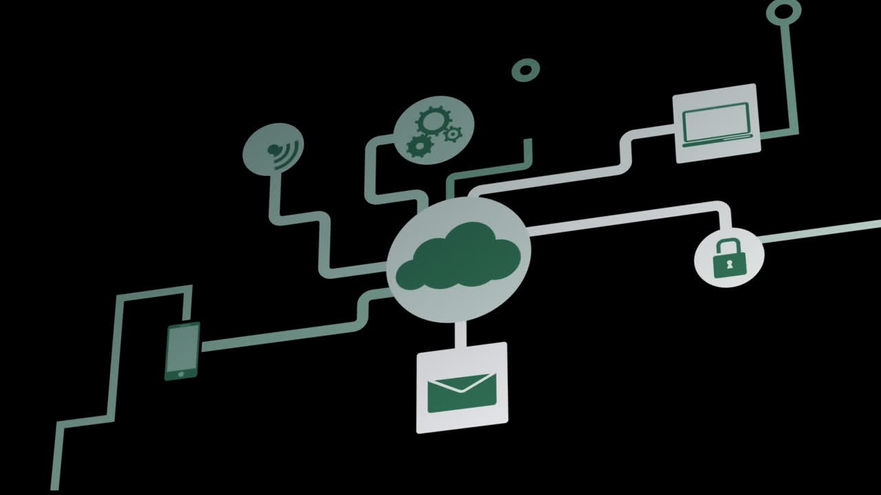 animación de una red de iconos digitales contra un fondo negro