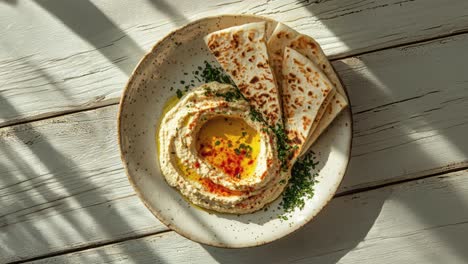 delicioso hummus con pan de pita y aceite de oliva para adornar