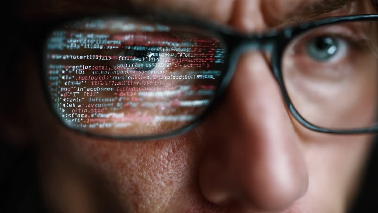 Primo piano di un individuo concentrato che analizza codice riflesso negli occhiali, evidenziando le complessità della programmazione e la concentrazione in un mondo digitale.