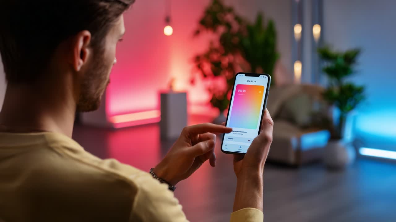A Man Interacts with a Colorful Mobile Application in a Modern Living Room Enhanced by Ambient Lighting, Showcasing a Blend of Technology and Contemporary Design
