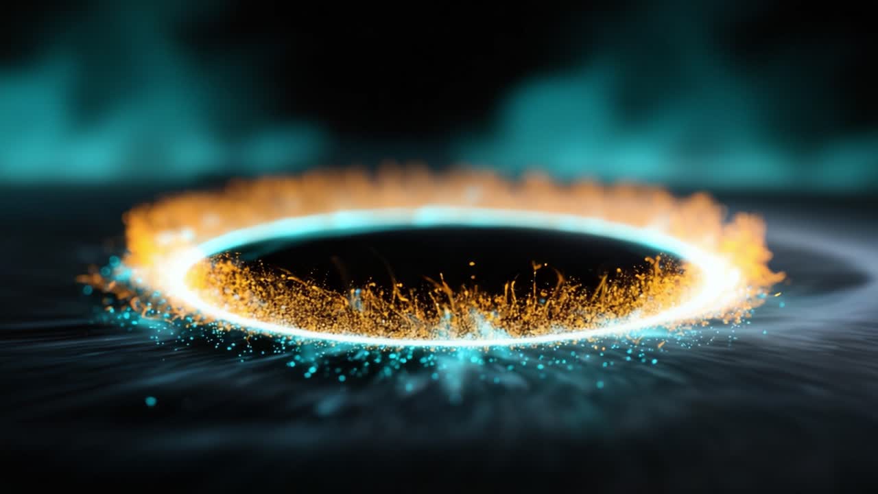 Trasformazione dinamica di un campo di energia circolare con particelle vivaci e cambiamenti di colore, per creare un contrasto visivo sorprendente in movimento