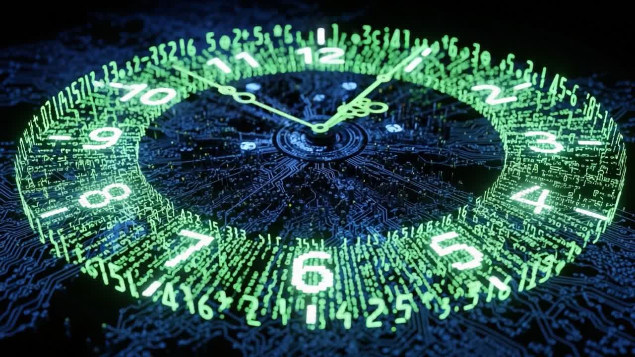 Digital Clock Display with Neon Green Numbers and Circuit Patterns Showcasing Time with a Tech Aesthetic and Futuristic Vibes