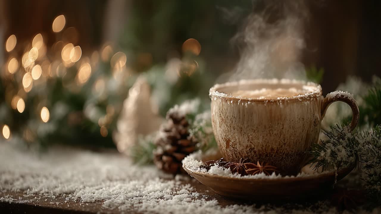 A Cozy Winter Scene Featuring a Steaming Cup of Hot Beverage Surrounded by Festive Decor, Pinecones, and Gentle Snow Flakes Creating a Warm Atmosphere