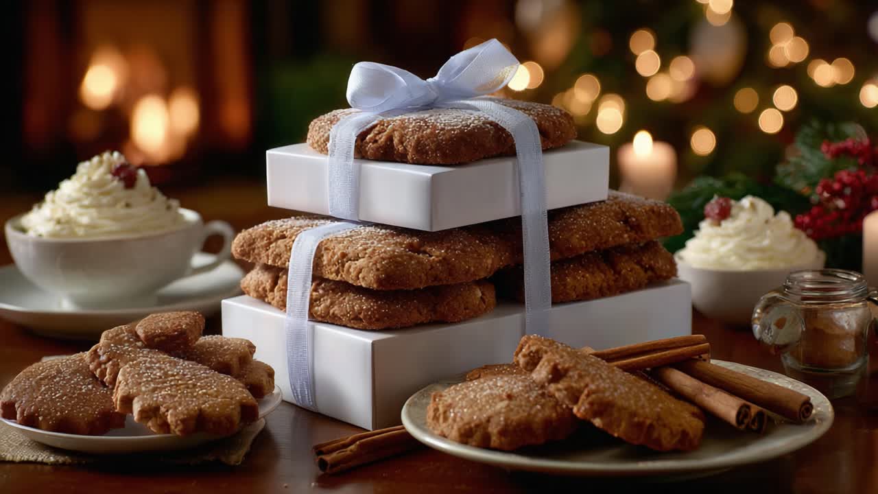 Köstlich dekorierte Weihnachtsplätzchen, elegant präsentiert in Geschenkboxen, umgeben von festlichen Elementen und dem warmen Ambiente einer gemütlichen Umgebung