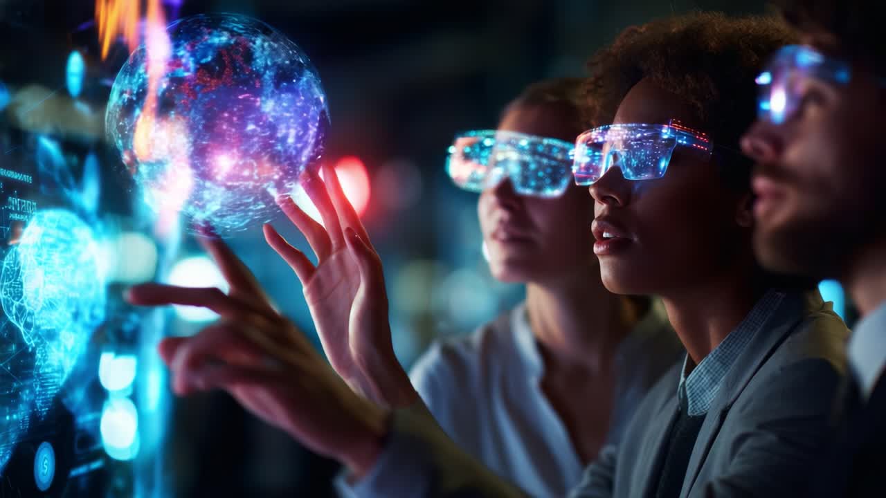 Exploring New Realities: A Group Engaged in Interactive Technology with Augmented Reality Glasses, Analyzing Digital Data and Visualizing Global Information Together