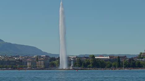 peaceful morning in geneva with the iconic jet d’eau rising from the lake, calm waters reflecting the clear sky, and the city slowly coming to life in the morning light.