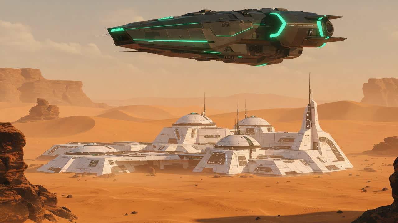 Futuristic spacecraft hovering above an advanced settlement in a vast desert landscape, showcasing sleek designs and innovative technology in a sci-fi setting