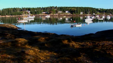 Sailing-boats-are-at-anchor-as-seen-from-the-dirt-shore-of-a-lobster-village-in-Stonington-Maine