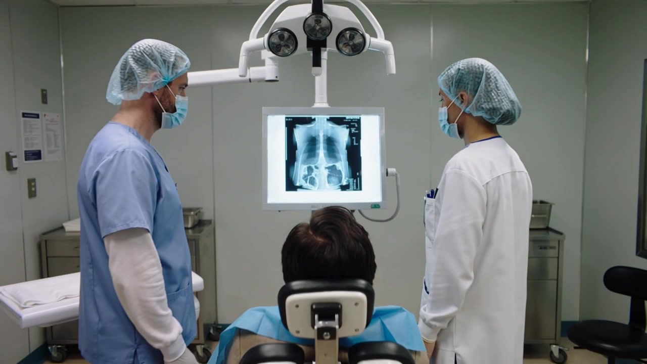 Pointing gloved hand guiding masked medics reading chest xray on screen in clinic chair planning