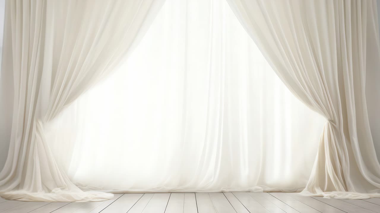 Elegante scena con illuminazione soffusa di tende bianche che incorniciano una finestra luminosa, catturata da una bassa angolazione della camera