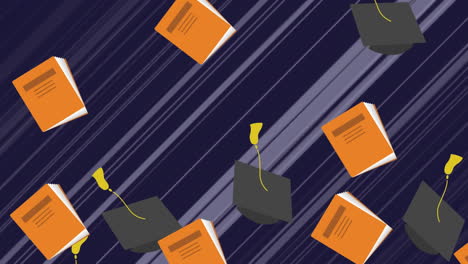 sombrero de graduación y icono de libro cayendo contra un fondo azul
