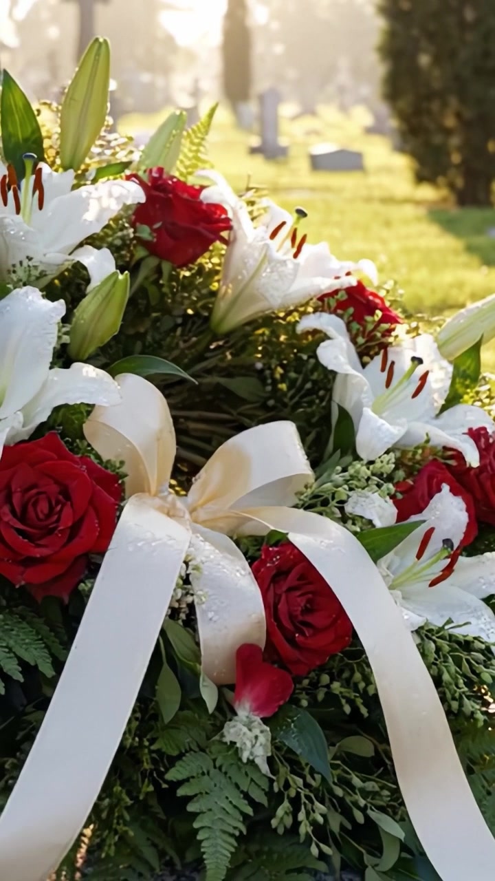 Un hermoso tributo floral con rosas rojas y lirios blancos, con elegante follaje verde y cinta de satén en un sereno entorno de cementerio