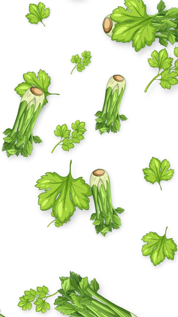 Vertical animation of fresh celery stalks and parsley leaves falling against a white background.