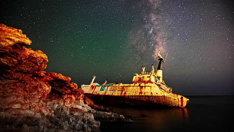 timelapse shot of star movement over shipwreck along rocky cliff at night time