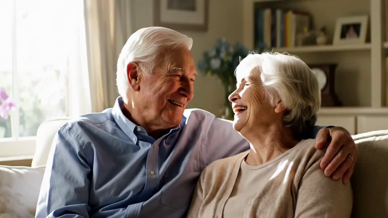 Affectionate Elderly Couple Smiling Together on a Living Room Sofa