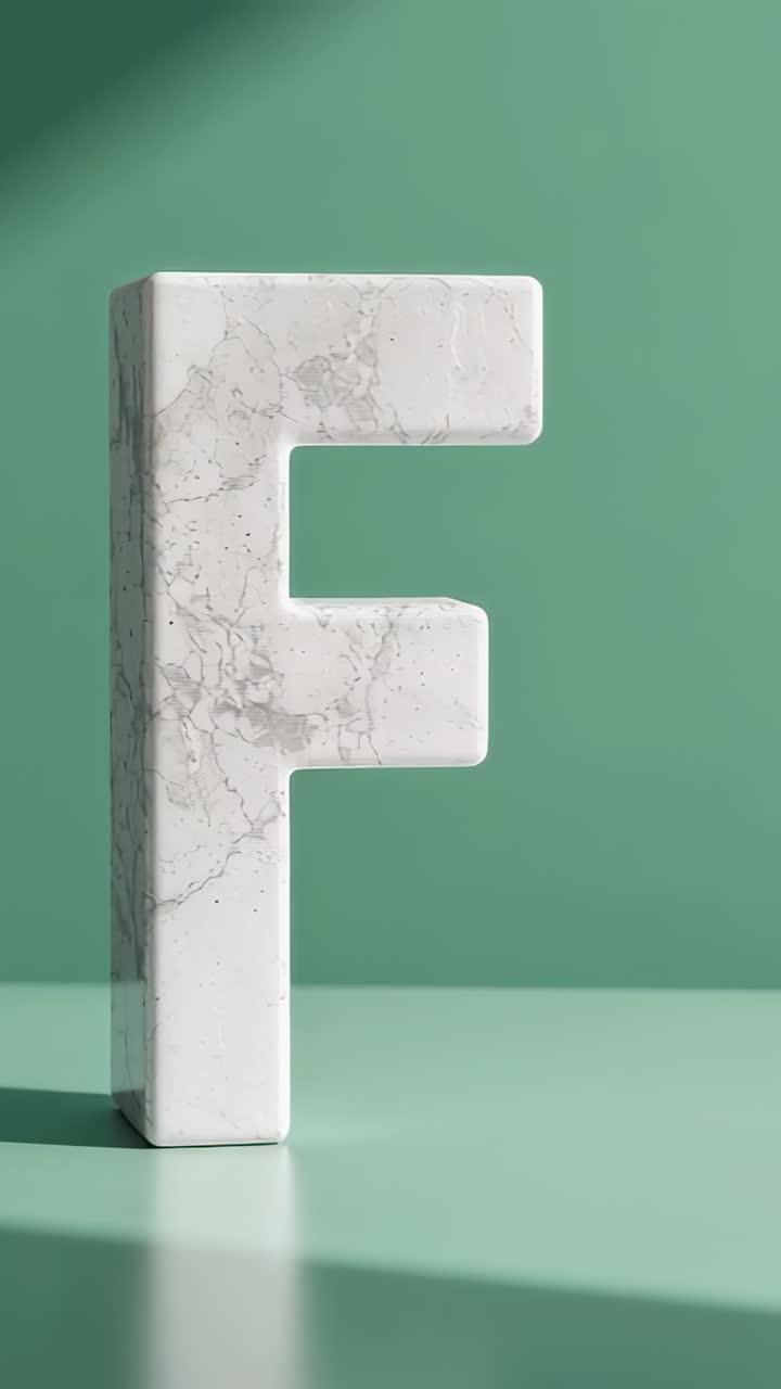 Video verticale: ombre leggere in movimento che si spostano su una lettera F di marmo su un set verde menta, rivelandone le venature