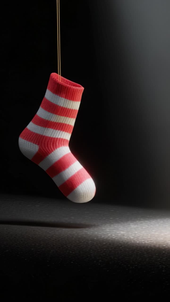 Exploración Artística de Contraste y Minimalismo: Un Calcetín a Rayas Rojo y Blanco y un Cubo Dorado en un Entorno Oscuro Resaltando Sombras y Luz