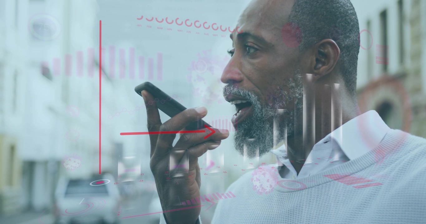 Animation of financial graph over african american man using smartphone