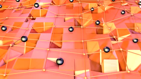 superficie baja de poli 3d con cuadrícula o malla voladora y esferas negras como entorno artístico. fondo de poli bajo geométrico de polígonos rojos naranja puros. fondo de bucle sin costuras 4k fullhd