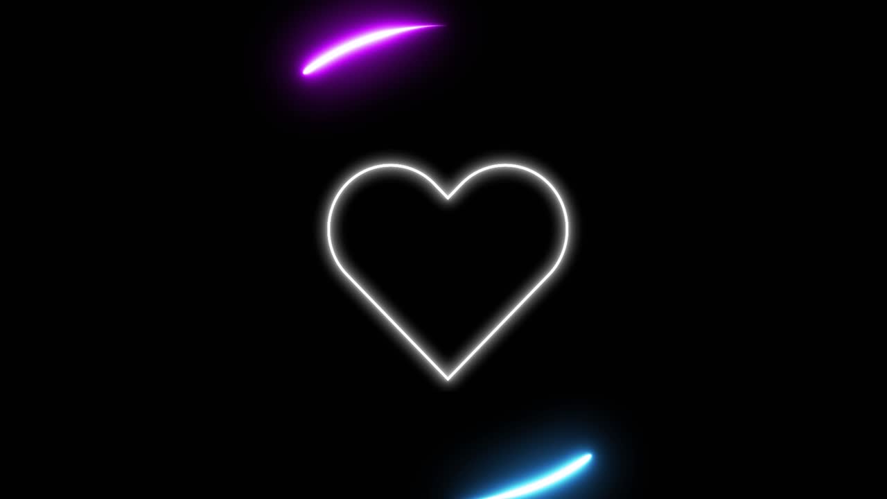 검은색 배경에 보라색과 파란색 빛 트레일과 함께 네온 박이는 심장 아이콘의 애니메이션