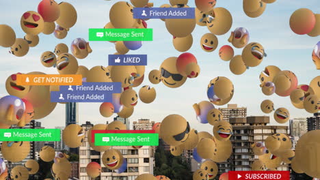 animación del texto de las redes sociales en pancartas con emojis sobre el paisaje urbano