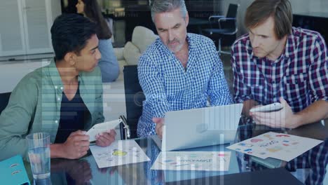 Animation-of-loading-bars-and-circles-with-graphs,-diverse-coworkers-discussing-reports-on-laptop