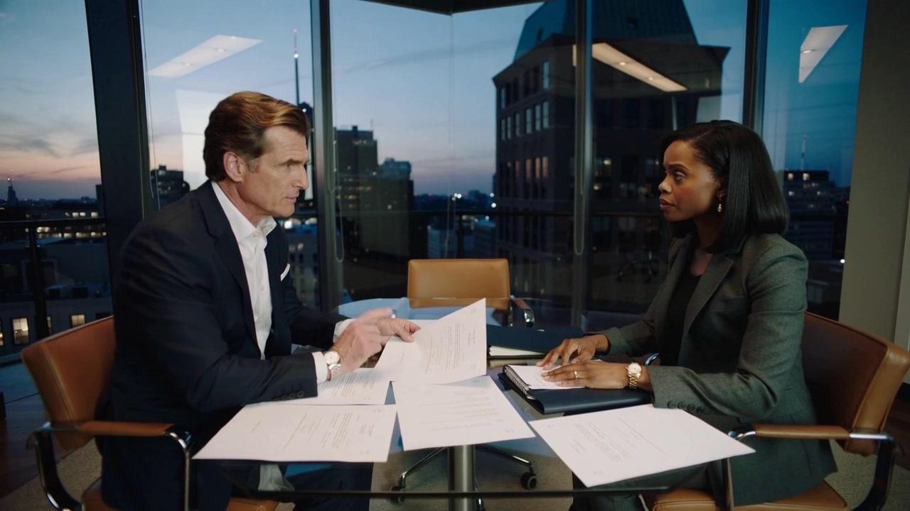 Spreading documents man presenting and flipping papers for review at office, in suit with notepad