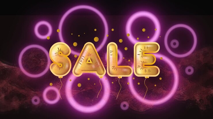 Digital animation of sale text golden foil balloons over neon circular shapes against diigtal waves