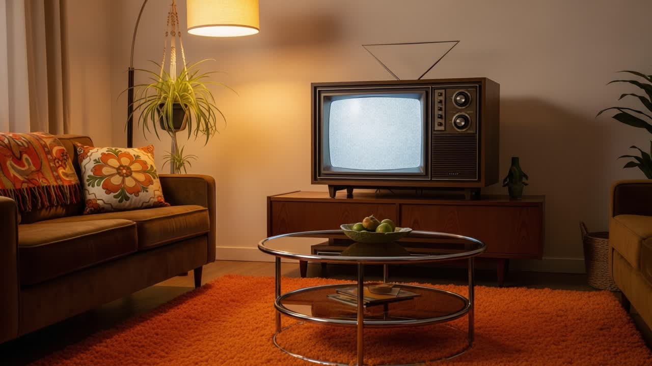 Cozy Living Room Scene Featuring a Vintage Television Set Displaying Static on Screen, Surrounded by Retro Furniture and Warm Indoor Lighting