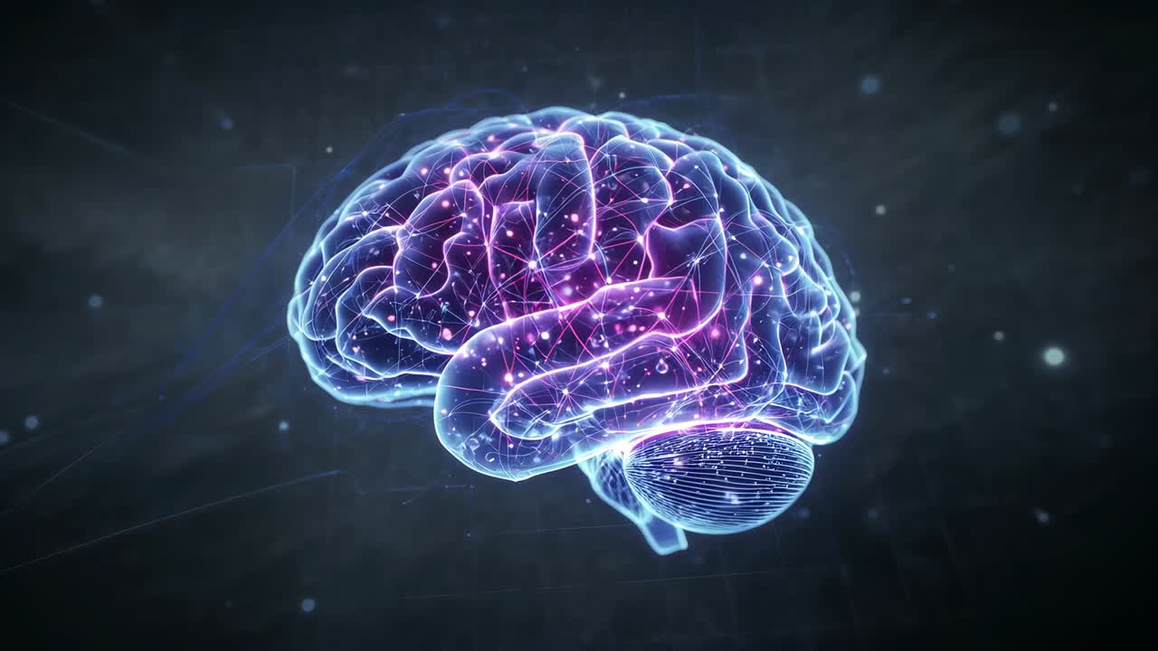 Sequence starting, translucent 3D brain model rotating and pulsing in virtual lab nodal points