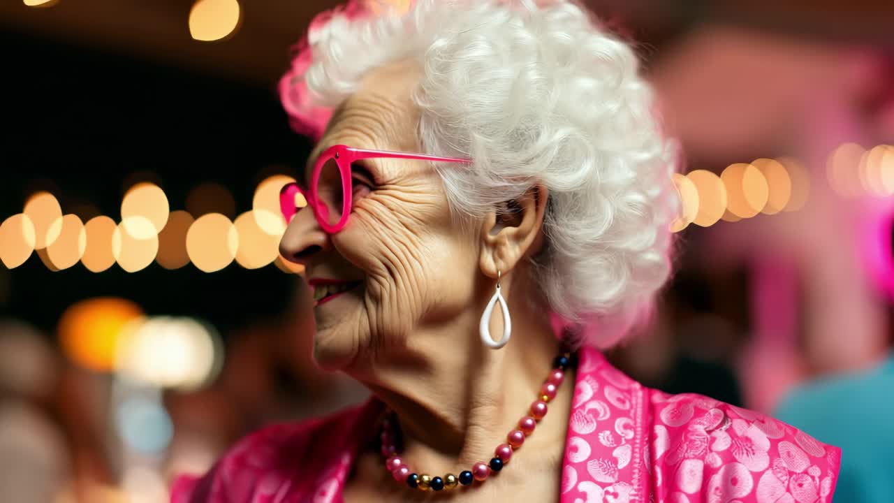 Elegant senior woman with pink glasses and clothes is smiling while enjoying a vibrant and colorful party, showing her youthful spirit and love for life