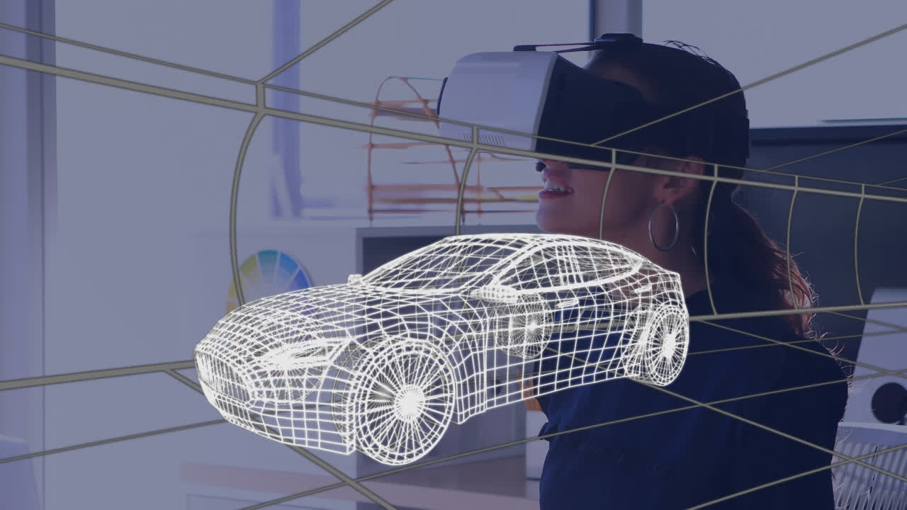animación de dibujo 3d digital de un coche sobre una mujer usando auriculares vr