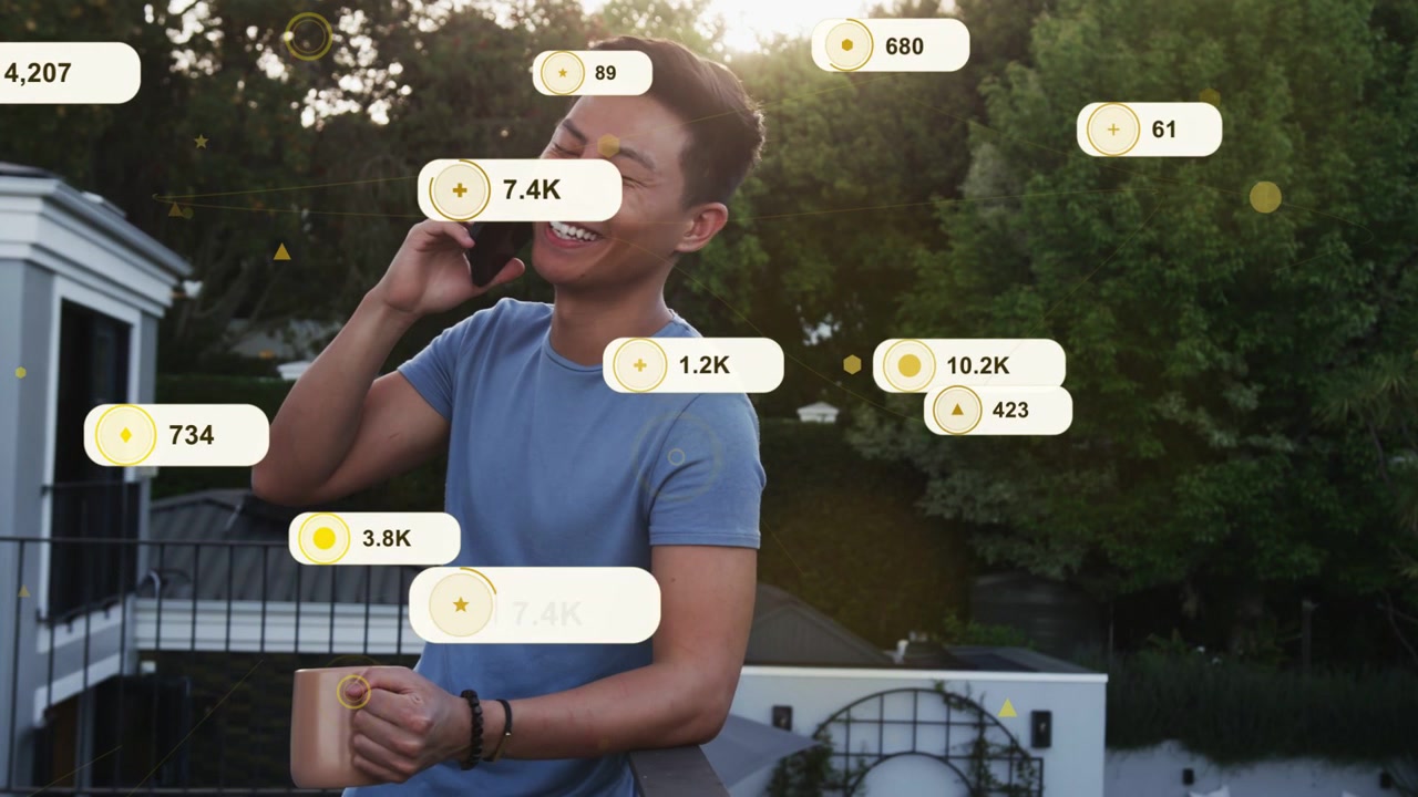 Vertical video: Man tapping phone on balcony and creating marketing counters taking call, sipping