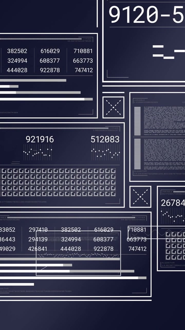 Animation of screens with data processing over dark background