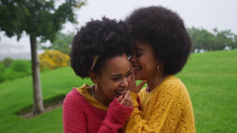 Two-mixed-race-women-whispering-in-park