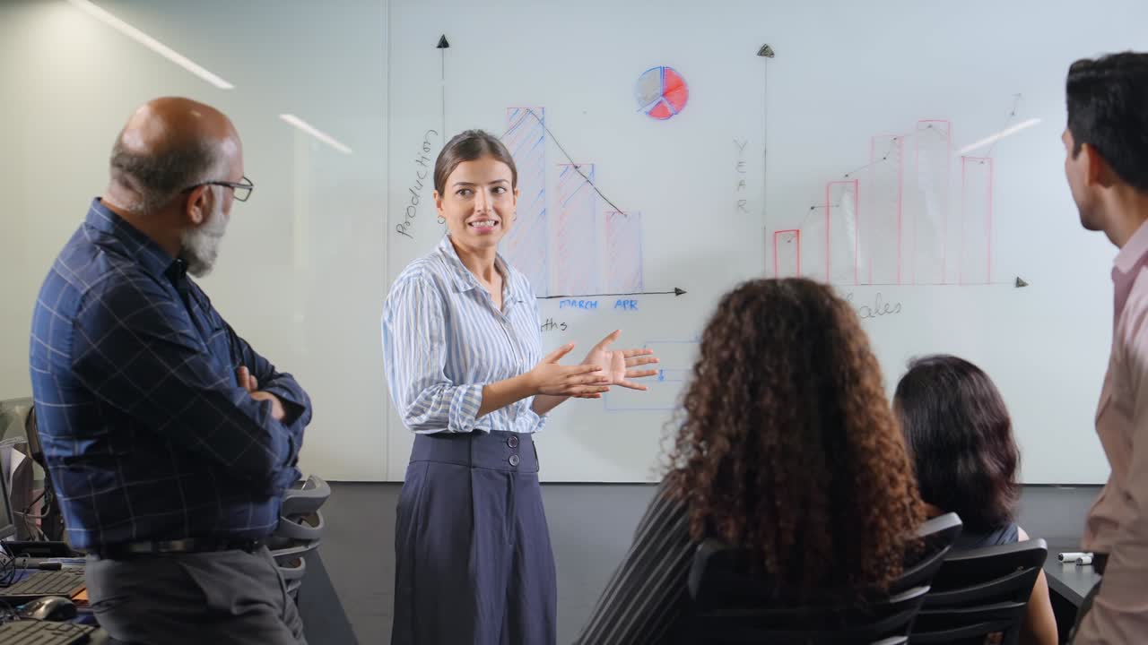 joven mujer corporativa india haciendo una presentación en la oficina usando gráficos