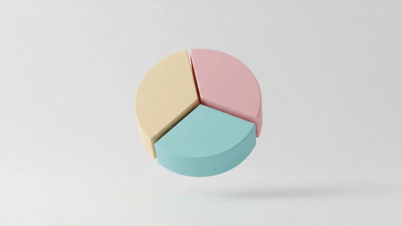 Dynamic Rotating Pie Chart Representation with Three Sections in Soft Pastel Colors, Highlighting Data Visualization and Modern Design Elements