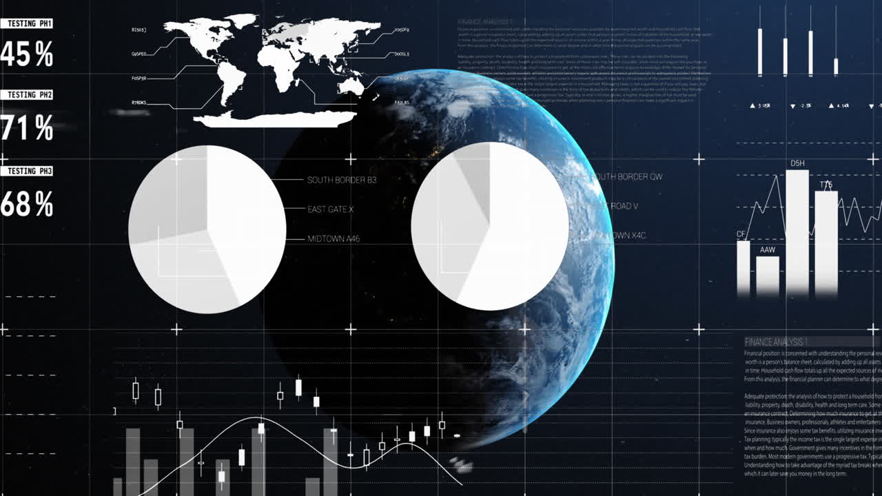 Animation of data processing with world map over globe in space