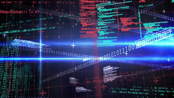 Animation of science data processing over dark background