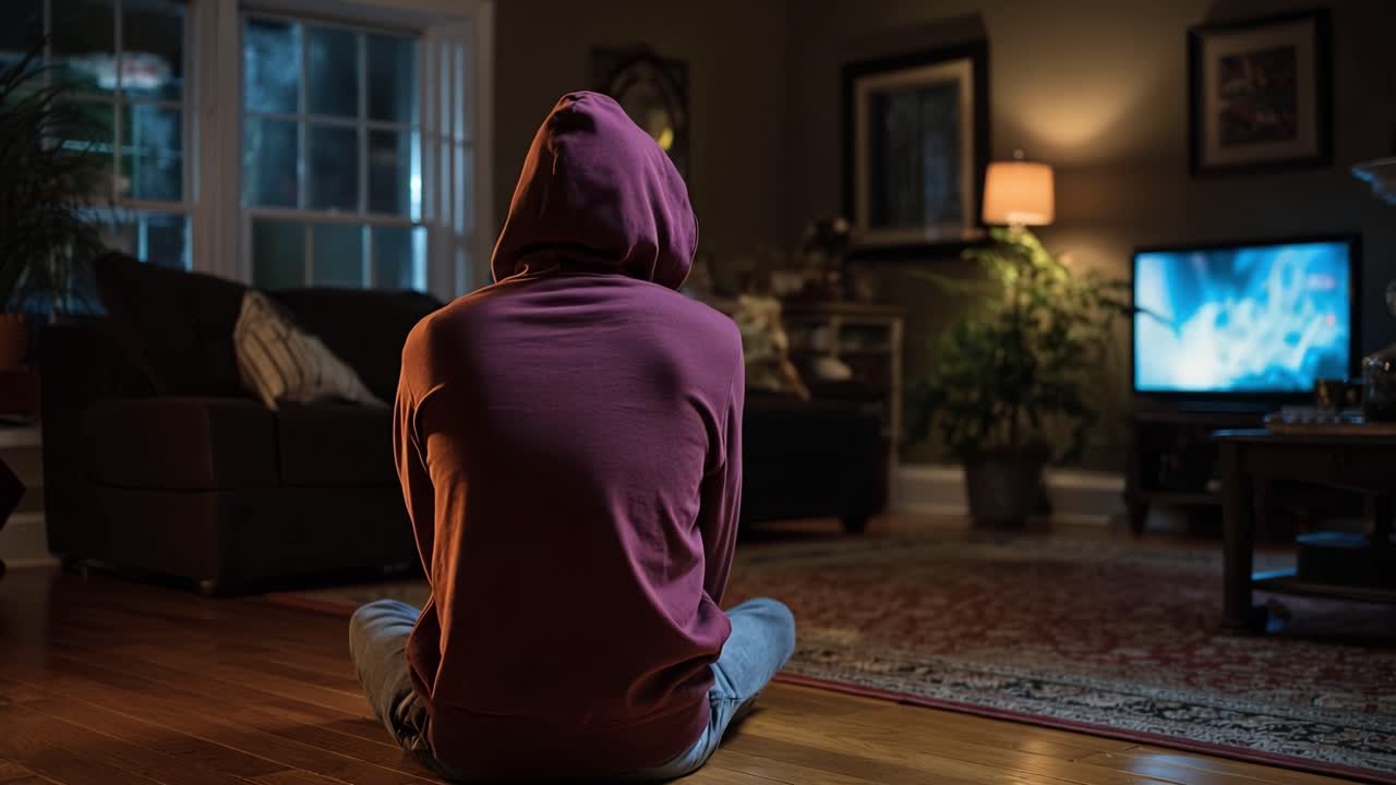 A solitary figure sits cross-legged in a dimly lit living room, absorbed in the glow of a television screen, creating an atmosphere of reflection and introspection