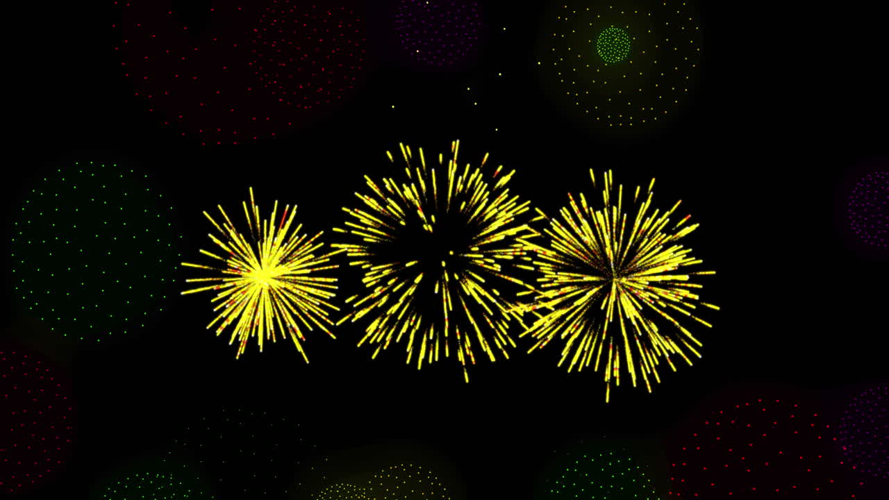 Animation of shapes and fireworks on black backrgound