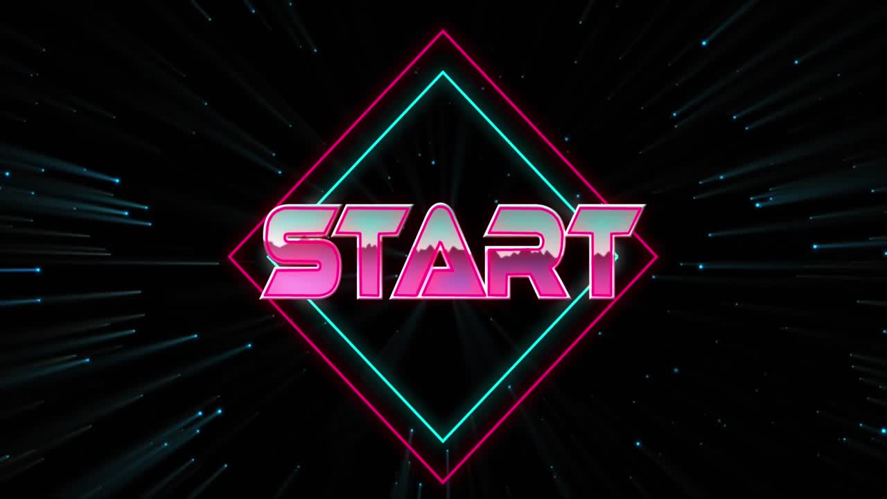 Animation of start text over rhombuses and smoke against black background