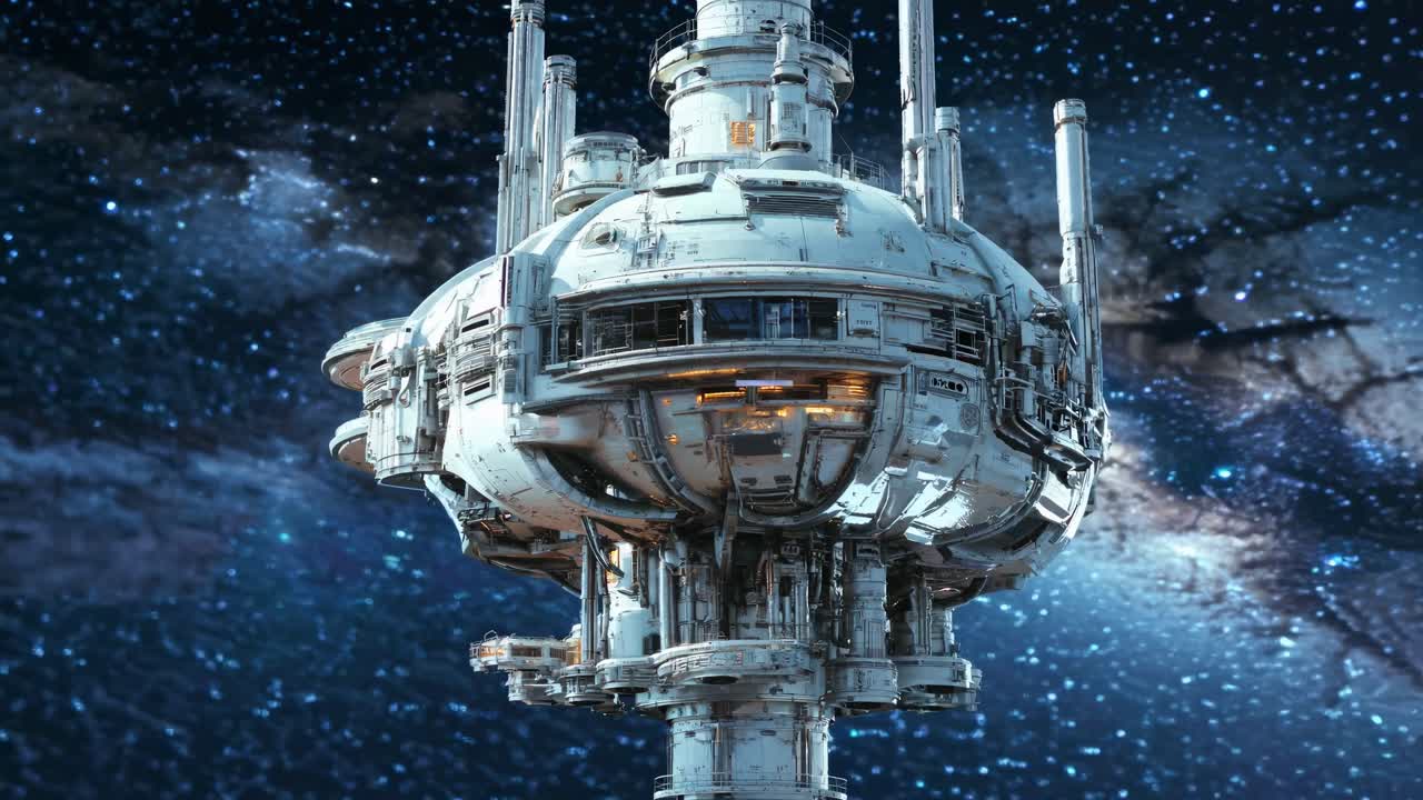 Futuristic space station against a starry galaxy backdrop, captured from a low-angle