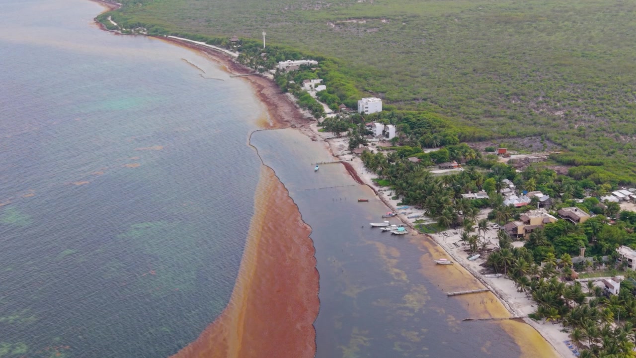 Vista aérea panorâmica da vibrante orla caribenha de Mahahual.