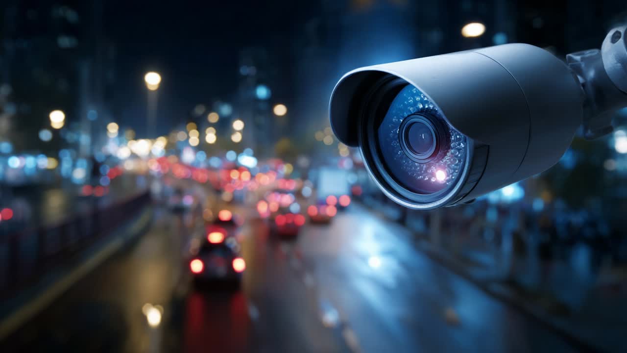 A high-resolution surveillance camera captures the bustling activity of urban traffic at night, showcasing the vibrant city life bathed in colorful lights, ensuring safety and monitoring of the environment
