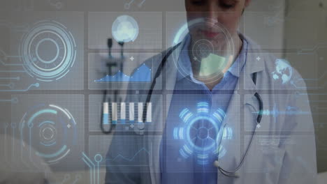 female doctor with stethoscope reviewing tablet in clinic, showing holographic charts and globe