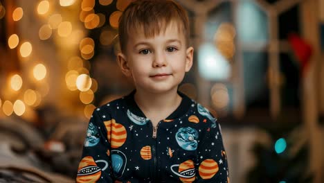 cute boy in pajamas at christmas time