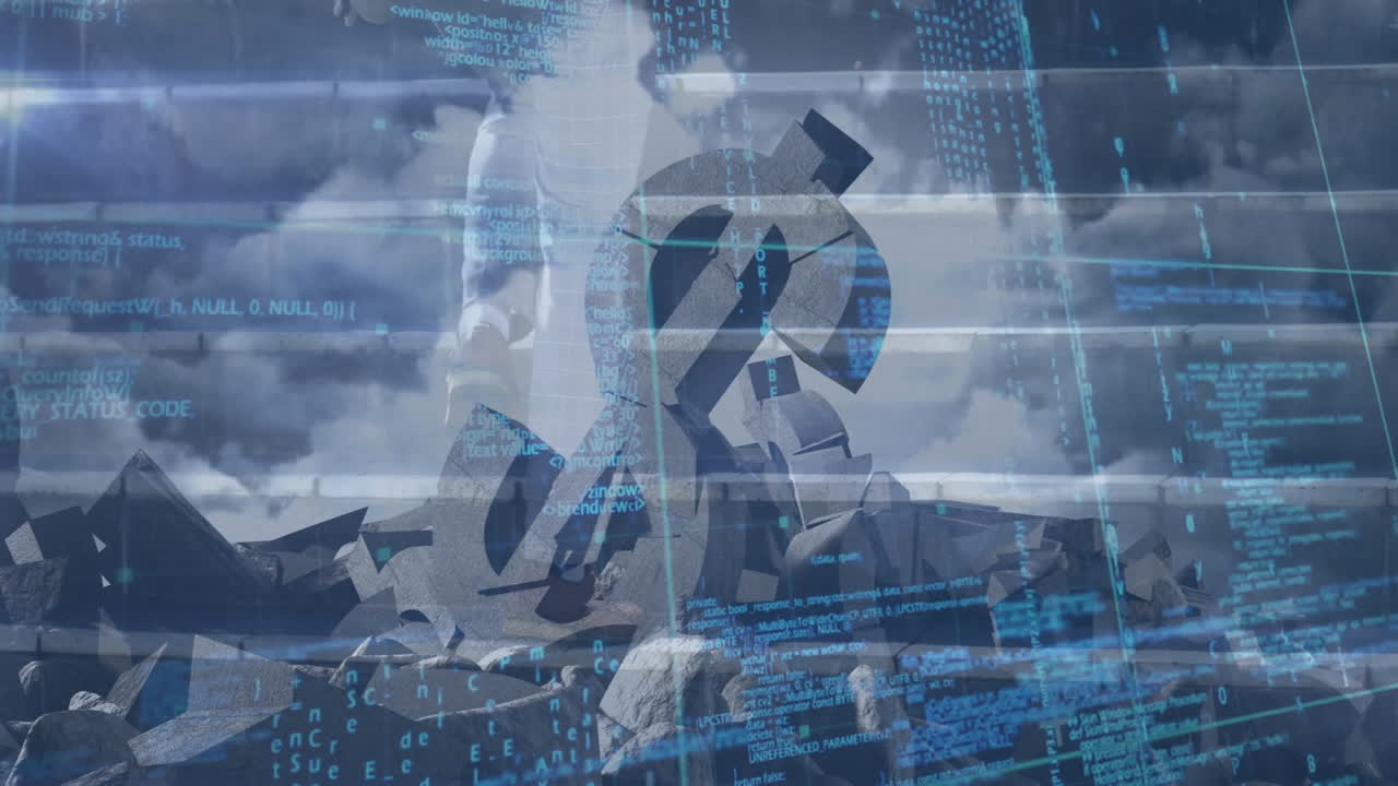 Digital code overlay on abstract sculpture against cloudy sky background