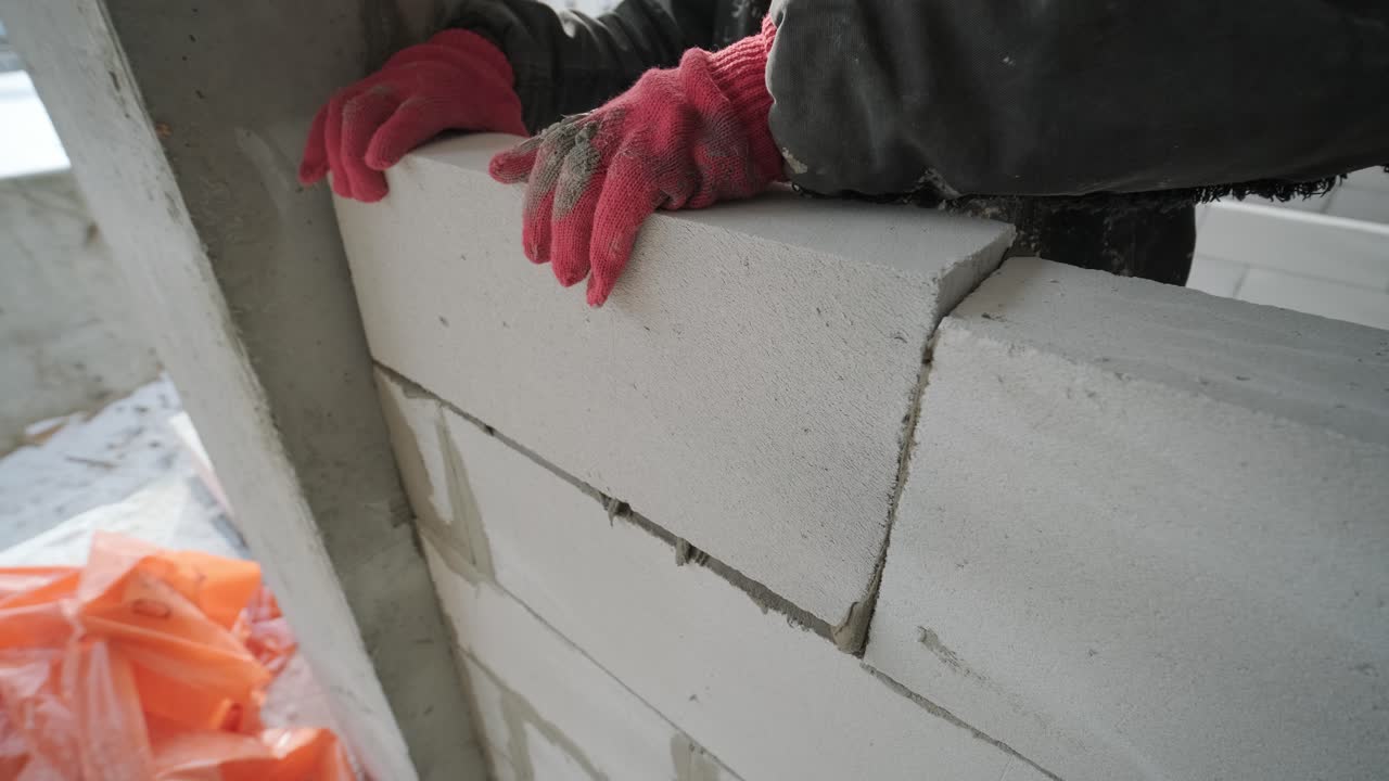 마스터는 도구와 접착 모터로 가스 블록의 벽을 놓는 작업을 수행합니다.